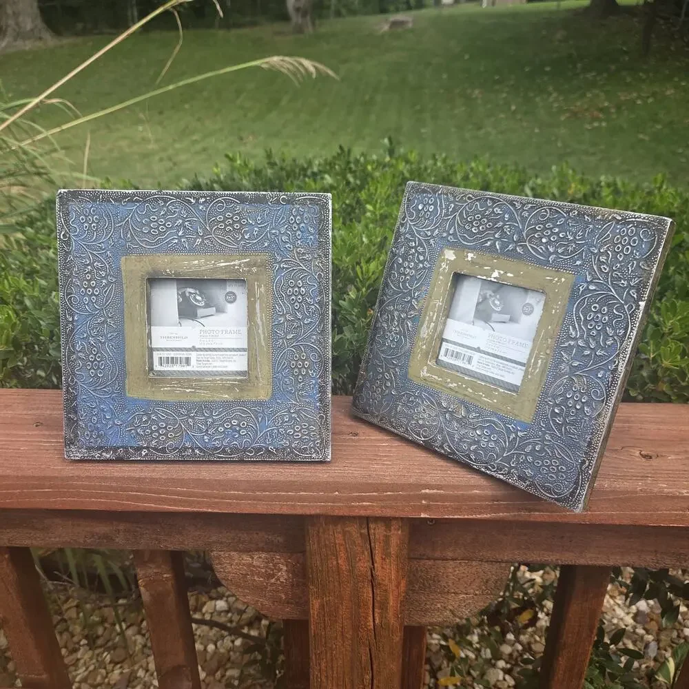 Threshold Set of 2 Distressed Blue Silver Photo Frames 8x8 Western Boho 3x3